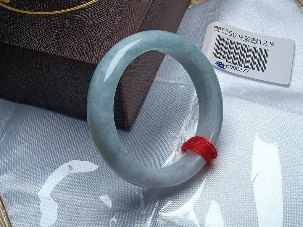 Half Mountain/Half Water Light Green Natural Burmess Jadeite Bracelet (Size:51 - 52mm) - Jadeite Ding