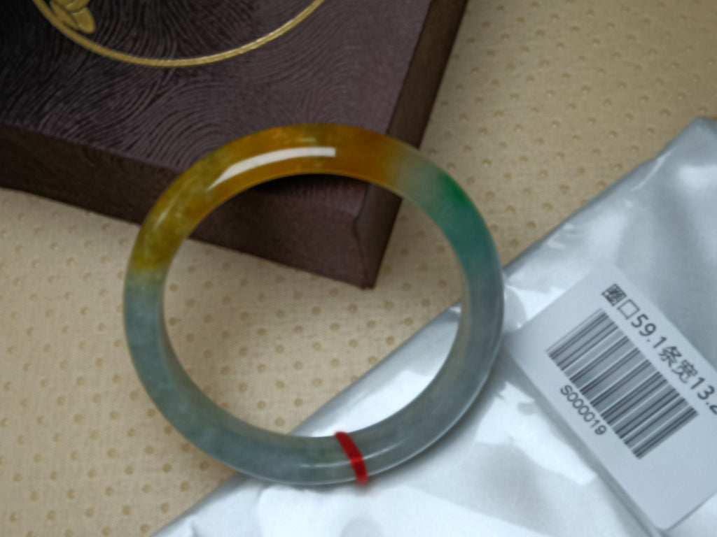 Icy Apple Green & White with Yellow - Brown Patches Burmess Grade A Jadeite Bracelets (Size:59.1mm) S019 - Jadeite Ding