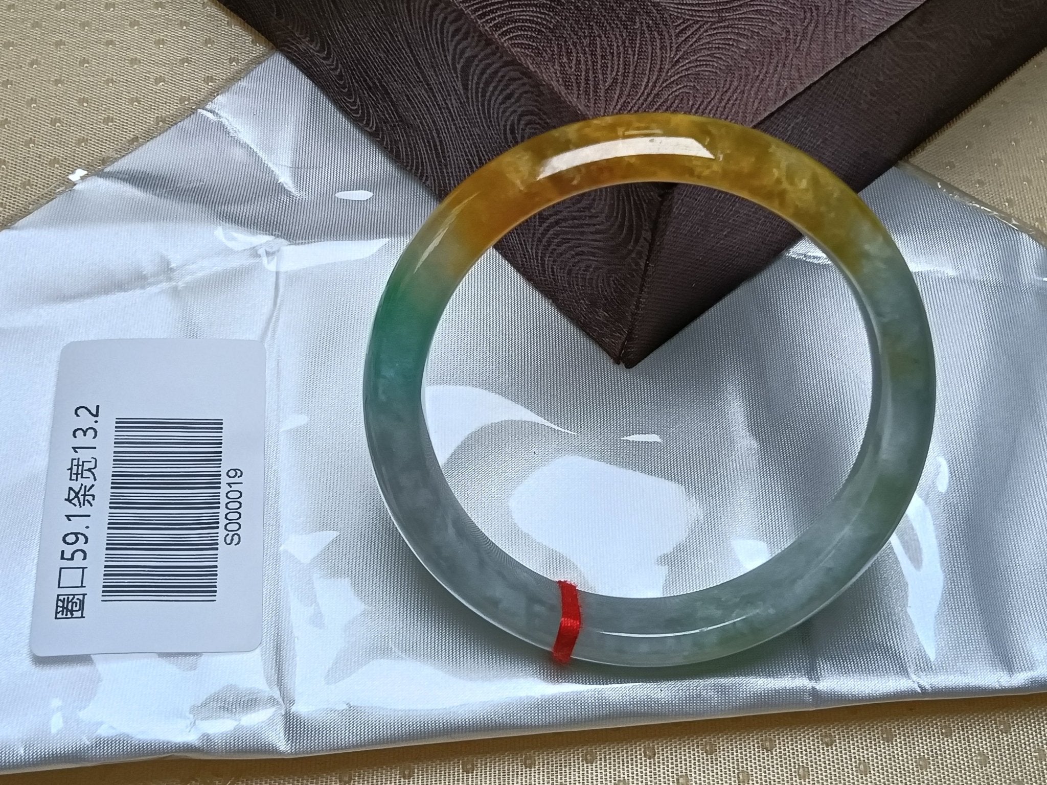 Icy Apple Green & White with Yellow - Brown Patches Burmess Grade A Jadeite Bracelets (Size:59.1mm) S019 - Jadeite Ding