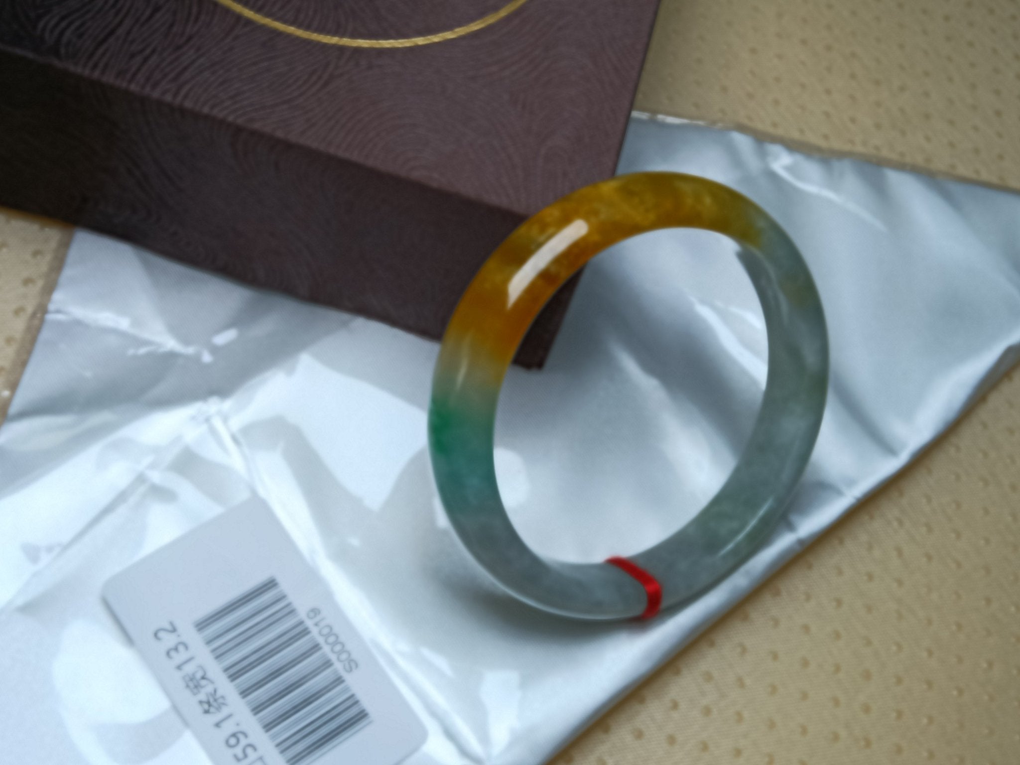 Icy Apple Green & White with Yellow - Brown Patches Burmess Grade A Jadeite Bracelets (Size:59.1mm) S019 - Jadeite Ding