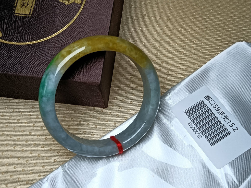 Icy Apple Green & White with Yellow - Brown Patches Burmess Grade A Jadeite Bracelets (Size:59mm) S020 - Jadeite Ding