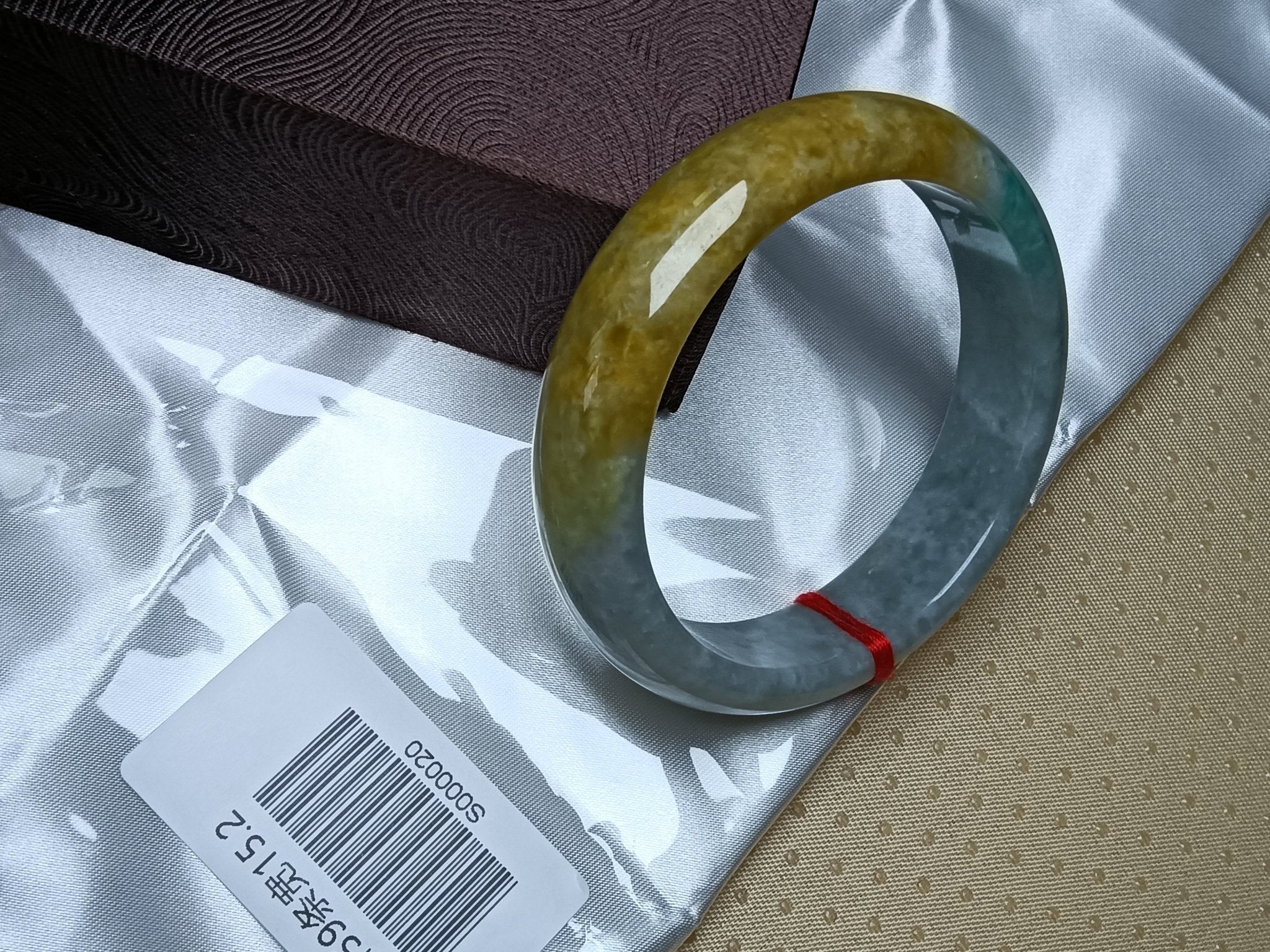 Icy Apple Green & White with Yellow - Brown Patches Burmess Grade A Jadeite Bracelets (Size:59mm) S020 - Jadeite Ding
