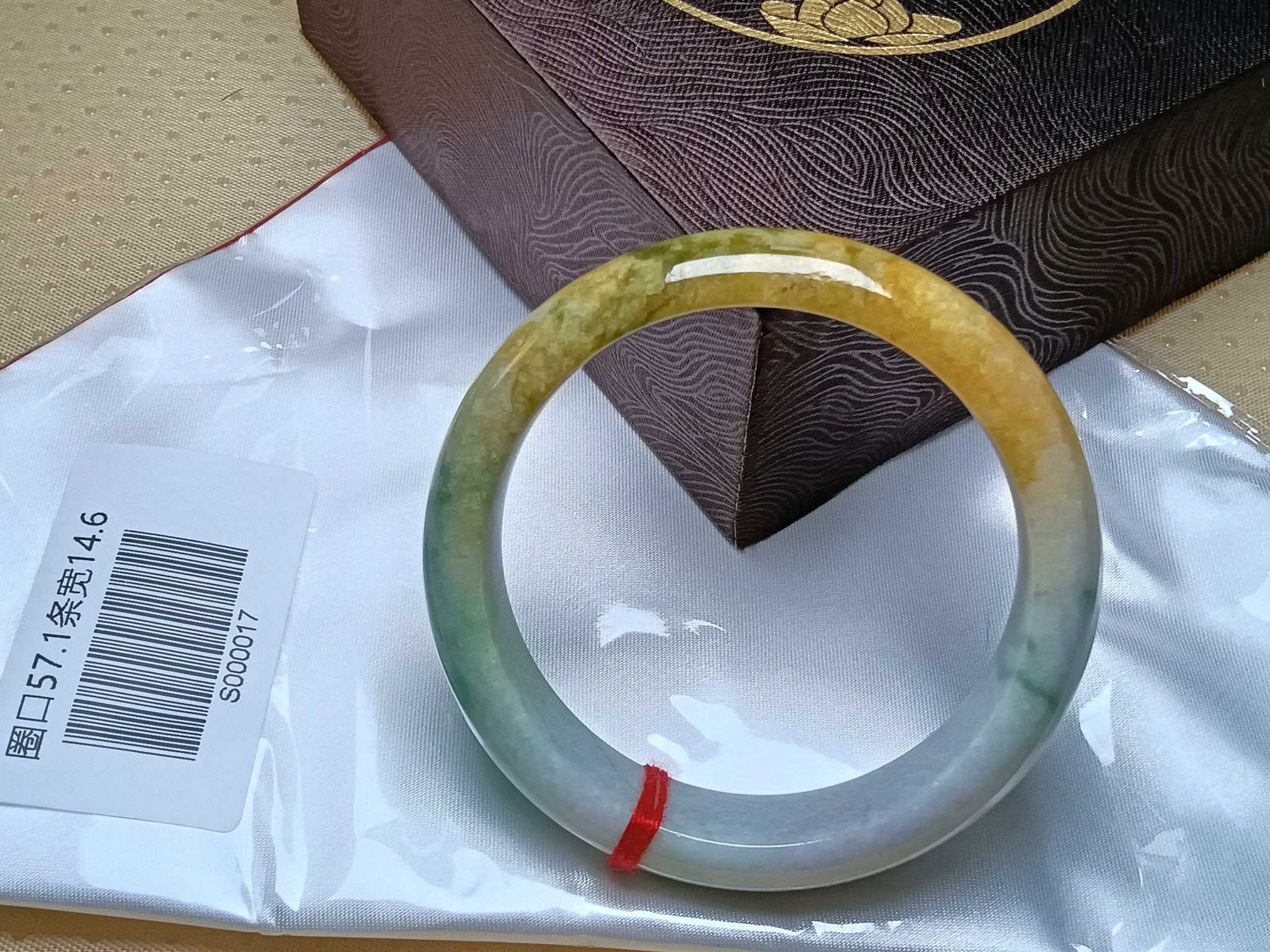 Icy Apple Green & White Yellow - Brown Patches Burmess Grade A Jadeite Bracelets (Size:57mm) S017 - Jadeite Ding