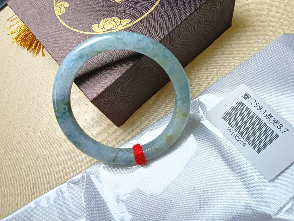 Light Green with Floating Flower and Gold Flecked Myanmar Jadeite Bracelet (Size: 59.1mm) W219 - Jadeite Ding
