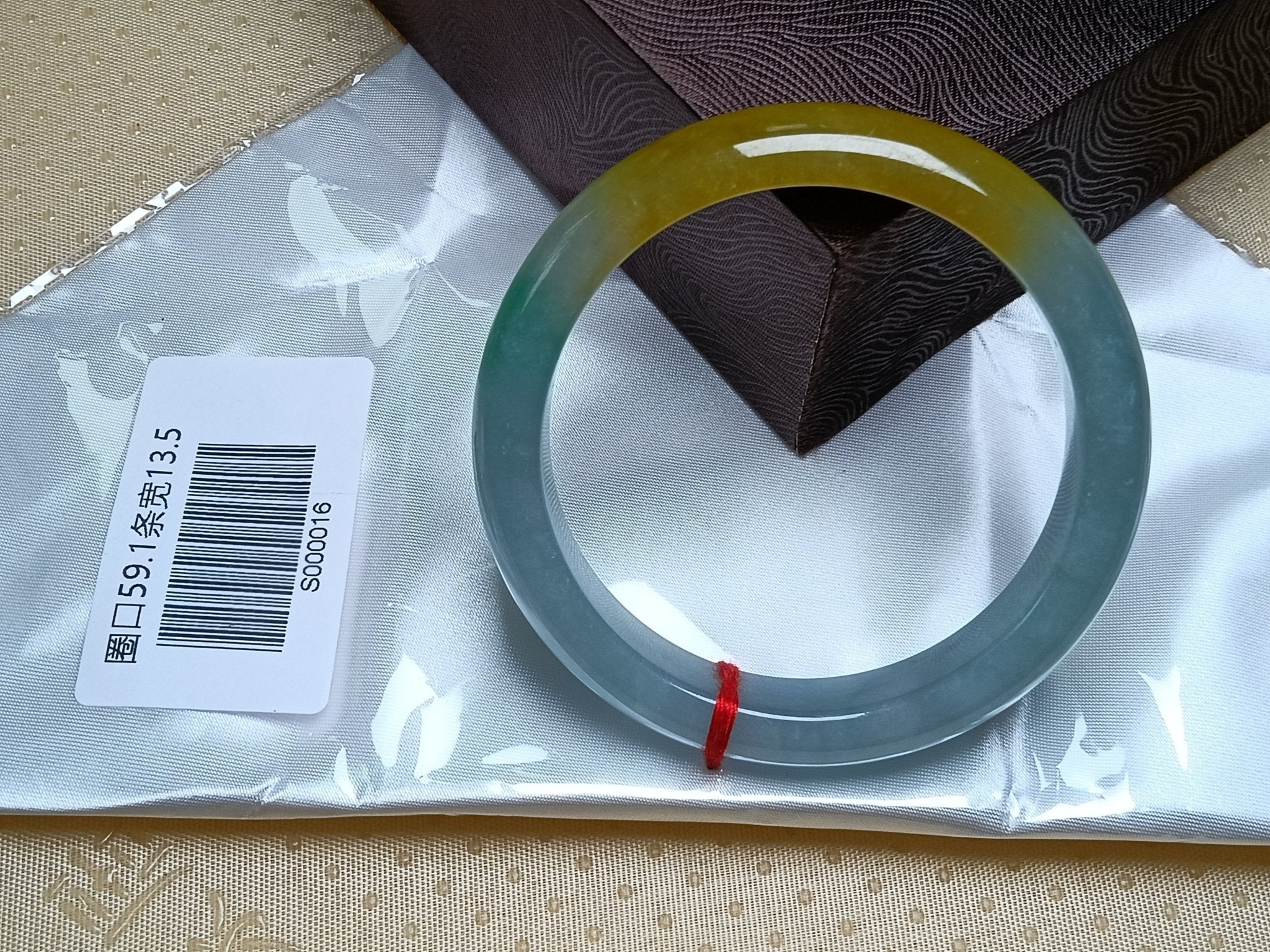 Shiny Icy Apple Green & White Yellow - Brown Patches Burmess Grade A Jadeite Bracelets (Size:59mm) S016 - Jadeite Ding