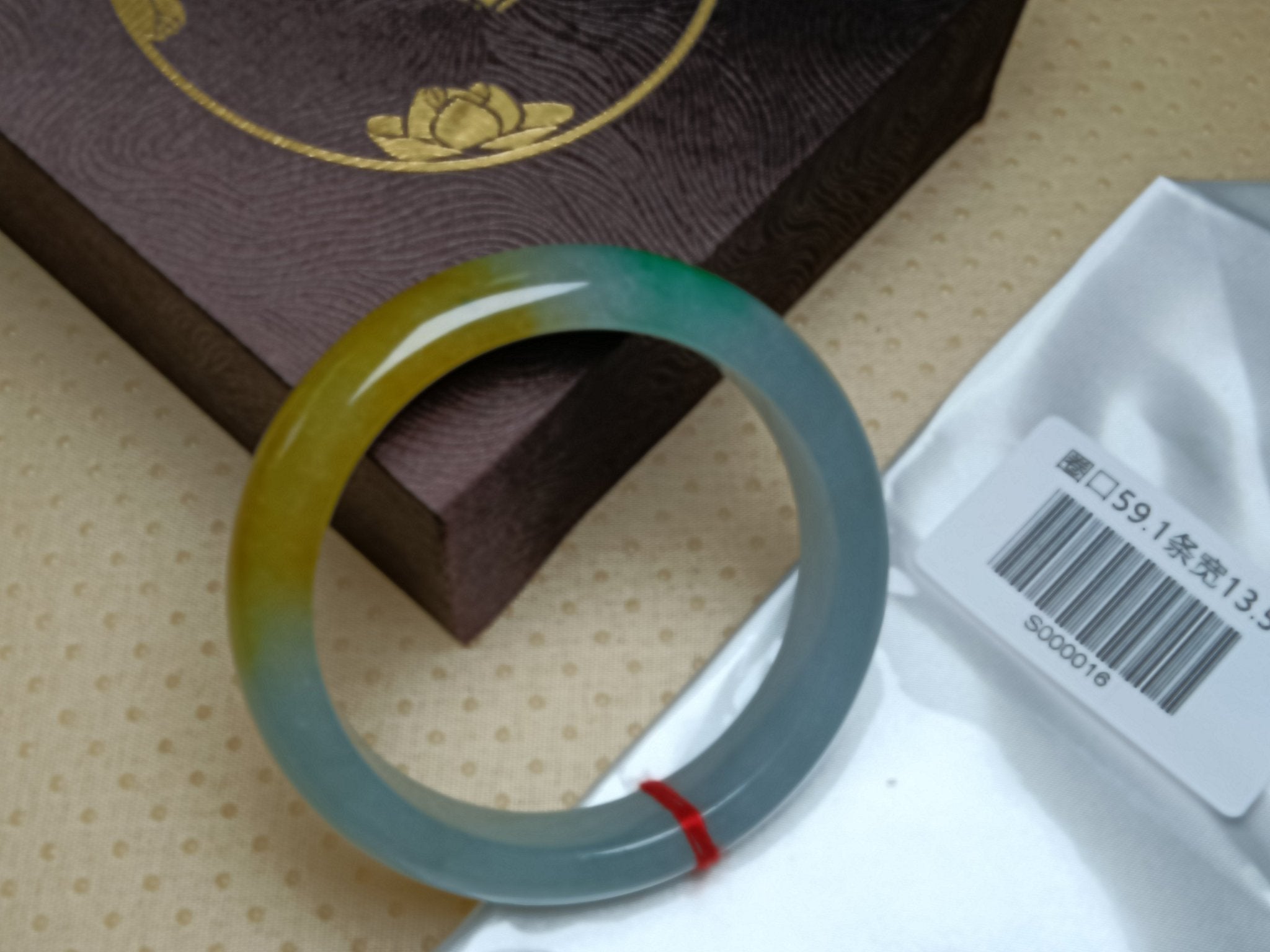 Shiny Icy Apple Green & White Yellow - Brown Patches Burmess Grade A Jadeite Bracelets (Size:59mm) S016 - Jadeite Ding