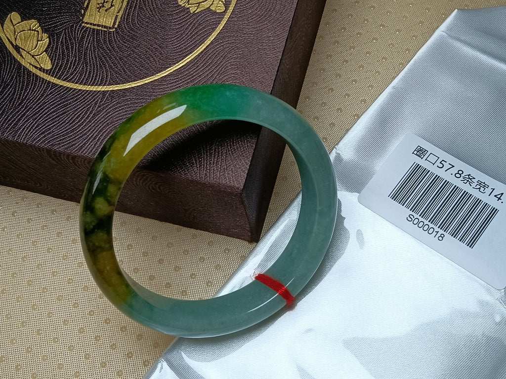 Transparent Icy Apple Green with Yellow - "Wuji" Patches Burmess Grade A Jadeite Bracelets (Size:57 - 58mm) S018 - Jadeite Ding